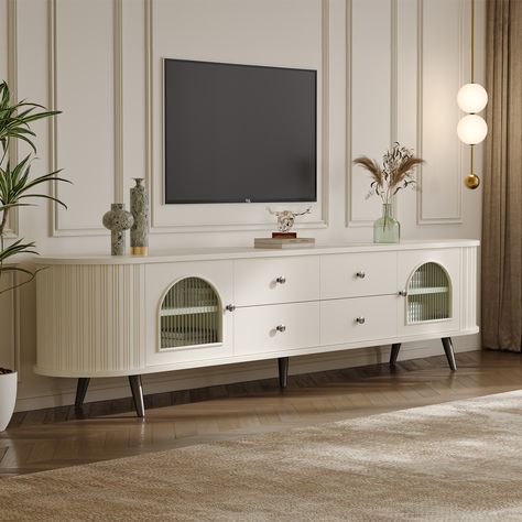 This mid-century style TV stand has a unique feature with its unique white color scheme. Not only that, its storage function is very powerful and can help you better organize the clutter in your living room. Its 78" length can accommodate more than 80" TV. Living Room Modern Classic, Long Tv Stand, White Tv Cabinet, Comfortable Living Room Furniture, Style Tv Stand, Tv Unit Designs, Modern Tv Stands, Crockery Unit Design, Tv Unit Design Modern