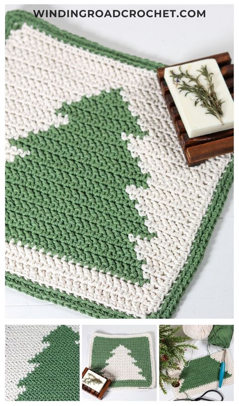 Free crochet pattern for a Evergreen crochet washcloth. Great for winter or cabin style home decor. Pattern can be crocheted in two sizes. Crochet Washcloth Free Pattern, Crochet Washcloth Free, Winding Road Crochet, Dishcloth Patterns Free, Crochet Washcloth Pattern, Crochet Stitches Chart, Crocheted Christmas, Crochet Tree, Crochet Unique