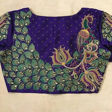 Magam Work Blouses Latest Peacock, Peacock Blouse Designs Embroidery, Peacock Blouse Designs, Maggam Blouse, Blue Blouse Designs, Peacock Embroidery Designs, Netted Blouse Designs, Mirror Work Blouse Design, Latest Bridal Blouse Designs