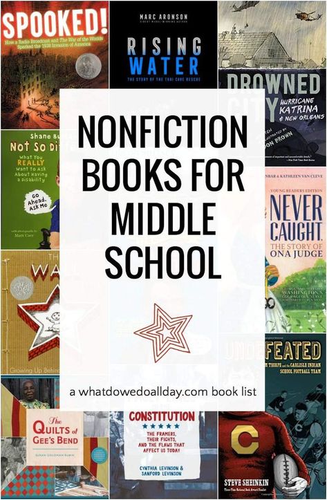 Best nonfiction books for middle school students. List includes a variety of topics, and reading levels. Nonfiction books teach critical thinking and reading skills. Level U Books, Non Fiction Books For Middle School, 7th Grade Reading List, Middle School Reading List, Books For Middle School, Best Nonfiction Books, Middle School Literature, Nonfiction Books For Kids, Teaching Critical Thinking