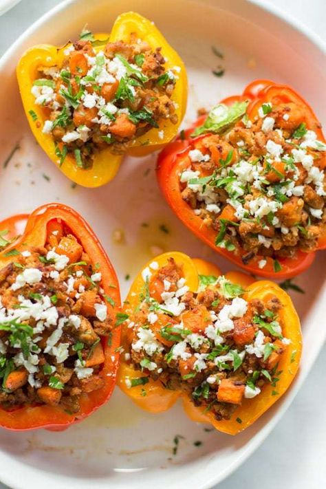 Potato Stuffed Peppers, Sweet Potato Stuffed, Ground Turkey Sweet Potato, Protein Dinners, Ground Turkey Stuffed Peppers, Turkey Sweet Potato, Potato Stuffed, Healthy Ground Turkey, Stuffed Peppers Turkey