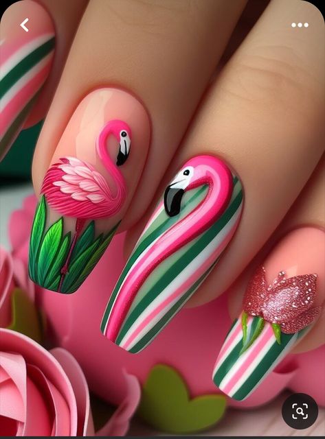 Flamingo Inspired Nails, Tropical Leaf Nails, Flamingo Nails Designs, Pandora Nails, Flamingo Nail Art, Rockabilly Nails, Animal Nail Designs, Flamingo Nails, Nails Healthy