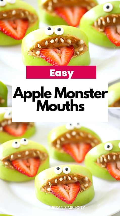 Apple Smiles With Peanut Butter, Apple Monster Mouth, Simple Halloween Class Treats, Apple Halloween Snacks, Halloween Apple Treats, Monster Apples, Apples Peanut Butter, Appetizers Halloween, Halloween Apples