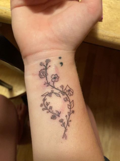 Tattoos For Recovering Ed, Tattoo For Hope And Strength, Recover(ed) Tattoo, Floral Neda Tattoos, Ed Symbol Tattoo Flower, Tattoos For Ed, Rose Semi-colon Tattoo Ideas, Flower Semi Colon Tattoos For Women, Semi-colon Tattoo Floral