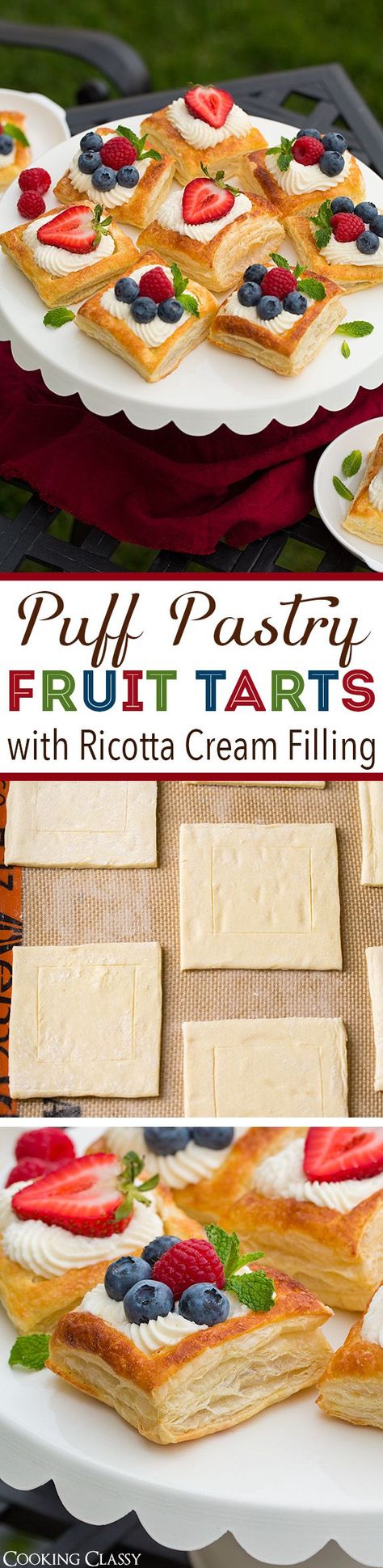 Puff Pastry Fruit Tarts with Ricotta Cream Filling - one of the BEST summer desserts! Oh so flaky pastry, rich creamy ricotta filling, and sweet fresh fruit. Can't wait to make them again!! Puff Pastry Fruit, Cream Filled Puff Pastry, Tart Puff Pastry, Pastry Fruit, Puff Dessert, Ricotta Cream, Best Summer Desserts, Ricotta Filling, Puff Pastry Filling