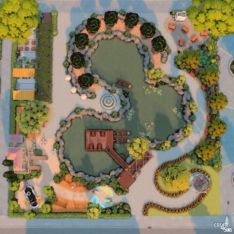 Sims 4 Lots Park, Sims 4 Modern Community Lots, Sims 4 Base Game Park, Sims4 Park Ideas, Sims 4 City Layout, Sims 4 Public Places, Sims 4 Park Ideas Layout, Sims 4 Parking Lot, Sims 4 Venue Ideas