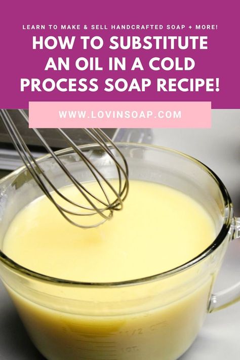 Learn how to substitute an oil in a cold process soap recipe with this tutorial on the Lovin’ Soap blog! So you’ve found a recipe that you love, or you’ve found a recipe that you’d like to try…but you don’t have one of the oils listed. Can you substitute it for something else? It depends on the oil…but yes, usually you can! We’ll modify a soap recipe together! Cold Press Soap Recipes, Olive Oil Substitute, Cold Pressed Soap, Oil Substitute, Cold Process Soap Recipes, Soap Making Recipes, Kokum Butter, Soap Recipe, Palm Kernel Oil