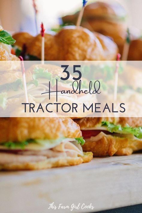 Need easy field meal ideas? How about these tractor friendly, handheld eats? These are perfect for the farmer who refuses to stop for dinner! #fieldmeals #tractorfriendly #farmlife #farmwife Farm Supper Ideas, Handheld Supper Ideas, Lunch Ideas Handheld, Handheld Meal Prep, Easy Handheld Meals, Easy Man Lunch Ideas, Lunch Ideas For Farmers During Harvest, Dinners For Farmers, Farmer Approved Tractor Meals