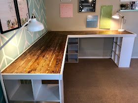 Diy Craft Table From Dresser, Diy Corner Craft Table, Corner Craft Desk Work Stations, Desk Made From Cube Shelves, How To Make A Craft Table, Craft Work Table With Storage, Diy L Shaped Desk With Cube Storage, Craft Room Countertop Ideas, Homemade Craft Table