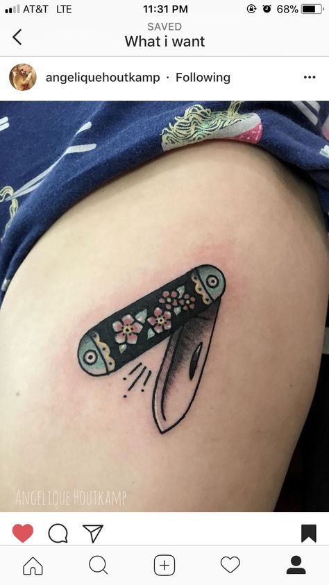 Cute Pocket Knife, Pocket Knife Tattoo, Knife Tattoo Ideas, Angelique Houtkamp, Knife Tattoo, Cute Piercings, Body Mods, Color Tattoo, Tattoo Artist