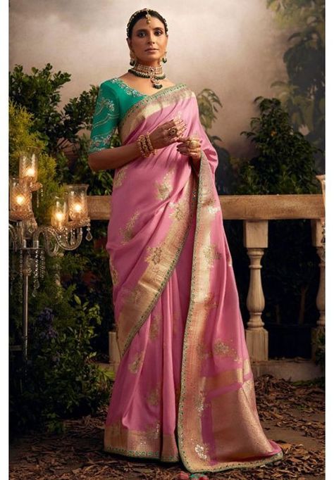 Pink Pure Viscose Dola Silk Designer Saree Pink Saree Contrast Blouse, Saree Contrast Blouse, Traditional Silk Saree, Contrast Blouse, Wear Saree, Light Pink Color, Pink Linen, Traditional Sarees, Pink Saree