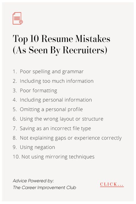 List showing the top ten mistakes that recruiters see when reviewing Resumes. Number 7 is a big one. Content Writing Resume, Resume Tips 2024, Cv Advice, First Job Resume, Teen Resume, Resume Checklist, Skills Resume, Good Cv, Resume No Experience