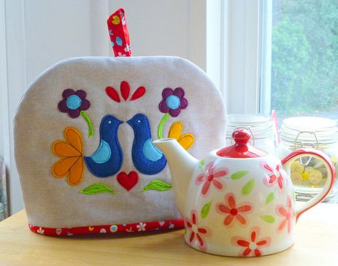 Folksy Tea Cosy | by Just Jude Designs Sewn Tea Cosy Pattern, Teapot Covers Tea Cosy Pattern, Teapot Cozy Sewing, Teapot Cosy, Embroidered Tea Cosy, Tea Cosy Pattern, Raw Edge Applique, Tea Cosy, Tea Cozy