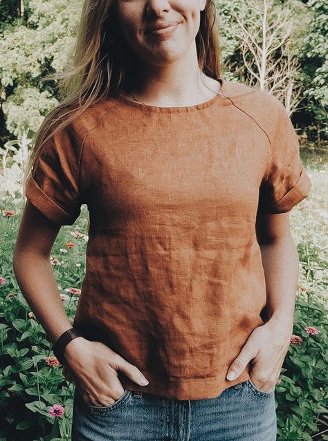 Simple Linen Shirt Pattern, Free Sewing Patterns 2023, Free Linen Top Pattern, Free Linen Shirt Pattern, Linen Shirt Sewing Pattern Free, Raglan Blouse Pattern, Easy Linen Top, Woven Tee Sewing Pattern, Linen Tshirts Woman