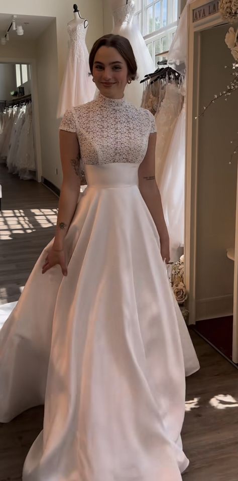 Mock Neck Wedding Dress, Pretty White Dresses, Satin Gowns, White Ball Gowns, Neck Wedding Dress, Pretty Wedding Dresses, Dream Wedding Ideas Dresses, Engagement Dresses, Modest Wedding Dresses