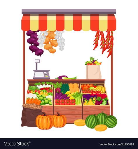 Food Booth, Shop Vector, Vegetable Cartoon, Vegetable Shop, Fruit Market, Fruit Picture, Food Cartoon, Fruit Shop, Man Standing