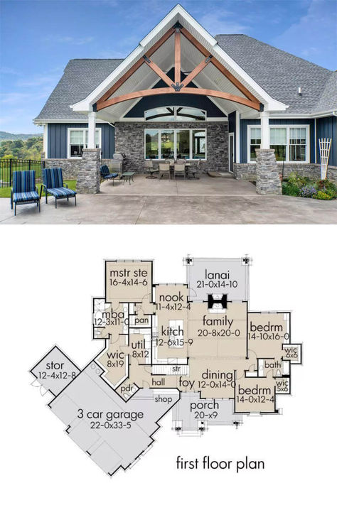 A Covered Patio with Stone Base Columns and a Gable Roof Adorned by an Exposed Truss (Floor Plan) Heritage Renovation, Porch Floor Plan, Home Office Closet, Floor Plan Creator, Porch Floor, Porch House Plans, Home Design Software, Interior Design Software, Front Doors With Windows