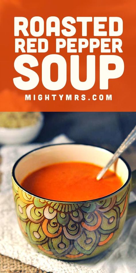 Roasted Red Pepper Soup - This easy vegetarian pureed soup is delicious, healthy and easy to make. It's mildly spicy with a hint of sweetness from coconut milk. Serve over rice, quinoa or noodles. Make this on the stove top or use a crockpot to slow cook ingredients, then puree in a blender. This soup has a creamy texture but is dairy-free! Add cauliflower, carrots, butternut squash or other fall veggies to change up the flavor of this soup. A healthy fall soup recipe that's simple and yummy. Healthy Fall Soups, Fall Veggies, Roasted Red Pepper Soup, Vegetable Soup Healthy, Red Pepper Soup, Fall Soup, Fall Soup Recipes, Pureed Soup, Pepper Soup