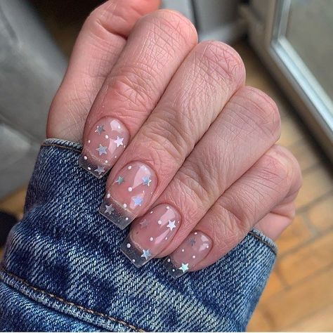 Clear Glitter Nails, Clear Acrylic Nails, Nails Ombre, Colorful Nails, Transparent Nails, Polygel Nails, Disney Nails, Gradient Nails, Star Nails