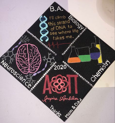 Graduation Cap Designs Neuroscience, Graduation Cap Designs Chemistry, Chemistry Graduation Cap, Science Grad Cap, Biology Graduation Cap, Cap Decoration Graduation, College Graduation Decorations, Biology Ideas, Caps Ideas