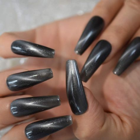 Gun Metal Cat's Eye Gorgeous Press On Or Glue On Nails! Custom Sized To Order. Xlong, Long, Med Or Short. (Come Xlong Unless Specified) Xstrong. Use The Free Glue To Wear Up To 2 Weeks Or The Glue Strips For Up To 5 Days Or For Special Occasion. 24 Nails In A Set. So Easy To Use!! ** Please Note I Buy Good Glue. It Costs Me $5ea. If U Want Without The Glue I Can Give U A Better Price. Lmk. Bundle A Few Sets From My Closet For A Generous Offer ! **Bogo Buy2 Get1 Free- **I Accept Reasonable Offers Dark Grey Nails, Metal Cats, Green Cat Eye, Dip Nail Colors, Nails Extra, Glitter Pattern, Green Cat, Nail Shimmer, Gray Nails