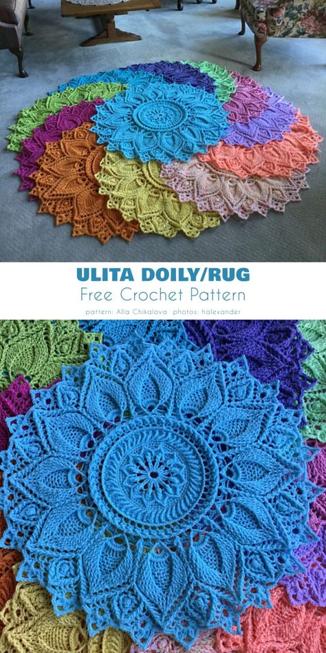 Ulita Rug Crochet Mandala Video Tutorial, Ulita Doily Pattern Free, Crochet Home Decorating, Mandala Crochet Rug Free Pattern, Crochet Rug Ideas, Crochet Circle Rug Pattern Free, Mandala Rug Crochet Free Pattern, Free Crochet Doily Patterns Beautiful, Crocheted Rugs Patterns Free