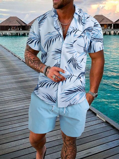 Mens Vacation Outfits, Tropical Print Shirt, Tropical Shirt, Graphic Print Shirt, Drawstring Waist Shorts, Printed Polo Shirts, Party Bus, Tropical Party, Shorts Outfit