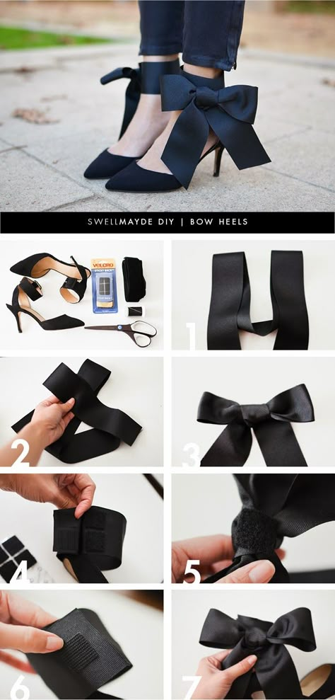 diy bow heels bmodish Diy High Heels, Diy Heels, Heels Ideas, Shoe Refashion, Shoe Makeover, Diy Fashion Projects, Shoes Hack, Shoe Crafts, Old Shoes