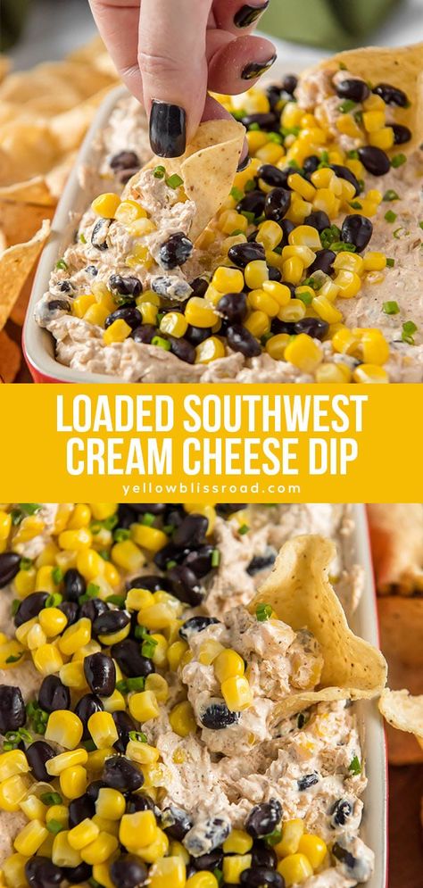 Loaded Cream Cheese Dip is full of southwest flavor with black beans, corn, salsa, lime and plenty of seasonings. Serve with chips, crackers or veggies. River Snacks Ideas, Work Recipes, Black Beans Corn, Cream Cheese Dip, Cream Cheese Dips, Dip Recipes Easy, Corn Salsa, Food Appetizers, Party Dips