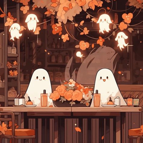 Autumn Ghost, Halloween Posters, Halloween Digital Art, Cozy Halloween, Halloween Wallpaper Cute, Fall Night, Ghost Lights, Cute Ghosts, Love Soft