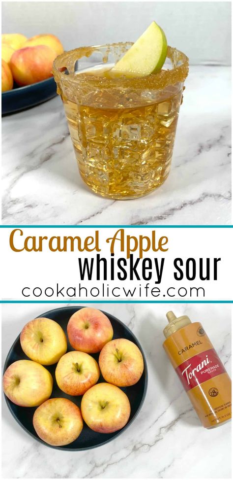 Caramel Apple Whiskey Sour - the perfect fall cocktail made with apple juice, whiskey, lemon juice and caramel sauce. #cocktails #applewhiskey Caramel Whiskey Drinks, Sweet Whiskey Drinks, Apple Whiskey Recipes, Caramel Cocktails, Carmel Whiskey Cocktails, Whiskey Fall Drinks, Apple Whiskey Drinks, Toasted Caramel Whiskey Drinks, Caramel Apple Cocktail