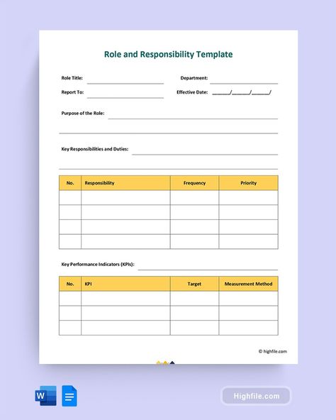 Role and Responsibility Template - Word | Google Docs - Highfile Roles And Responsibilities Template, Performance Reviews, Key Performance Indicators, New Employee, Job Title, Google Docs, Job Posting, No Response