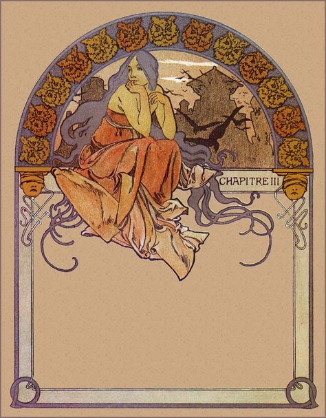 Alphonse Mucha "Ilsee, Princesse de Tripoli - Chapter 3" 1897 (Woman and nocturnal birds) Alphonse Mucha Inspired Art, Alphonse Mucha Sketch, Art Nouveau Portrait, Art Nouveau Woman, Alphonse Mucha Art, Nocturnal Birds, Azumanga Daioh, Mucha Art, Alfons Mucha