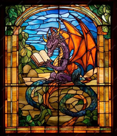 Premium Photo | A close up of a stained glass window with a dragon reading a book generative ai Dragon Reading A Book, Stained Glass Dragon, Dragon Reading, Dragonfly Drawing, Steampunk Dragon, Glass Dragon, Dragon Glass, Glass Book, Reading A Book