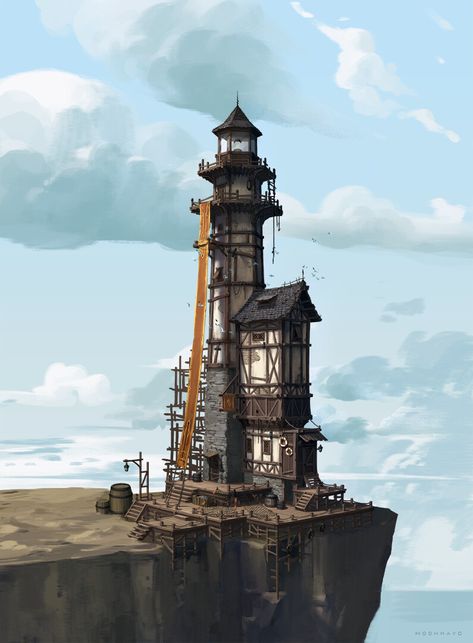 Medieval lighthouse concept art architecture building design Steampunk Lighthouse, Lighthouse Design, Concept Art Architecture, Concept Art Building, Fantasy Architecture Concept Art, Steampunk House Concept Art, Fantasy Lighthouse, Tower Concept Art, House Concept Art