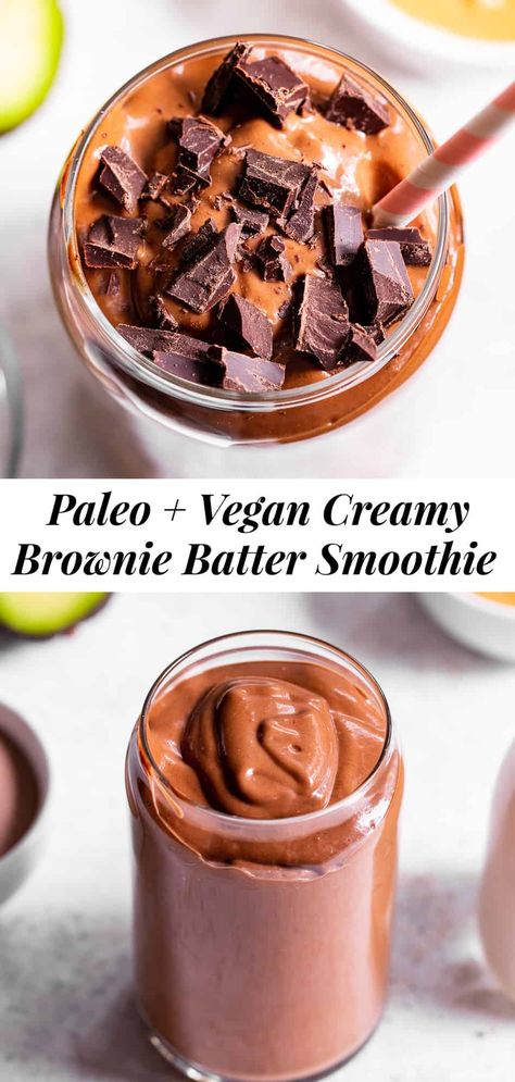 This creamy brownie batter chocolate smoothie is packed with good for you ingredients but tastes like dessert!  Have it for breakfast, a snack, or healthy dessert.  It's paleo friendly, dairy free, vegan and free of refined sugar.  Add your favorite chocolate protein powder for an extra chocolate kick! #paleo #vegan #cleaneating Paleo Chocolate Recipes, Paleo Baking Recipes, Best Vegan Protein Powder, Chocolate Protein Smoothie, Chocolate Smoothie Recipes, Cheesecake Smoothie, Paleo Drinks, Best Vegan Protein, Chocolate Protein Shakes