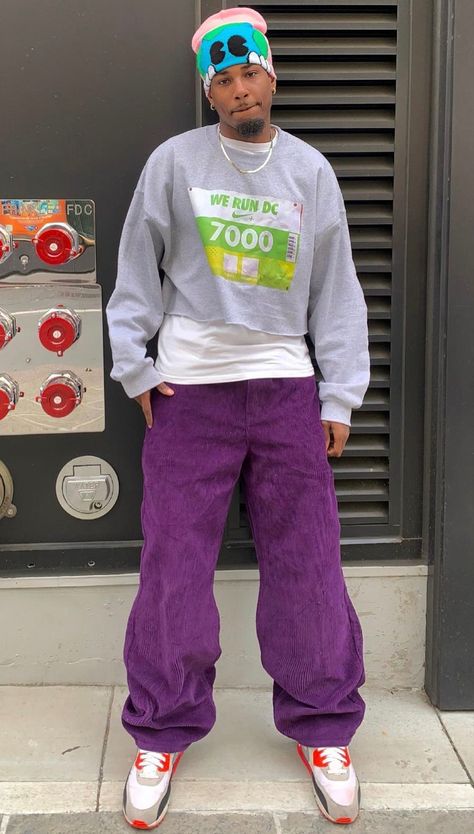 Lavender Pants Outfit Men, Purple Pants Outfit Men, Purple Mens Fashion, Men Purple Outfit, Purple Men Outfit, Laker Jersey Outfit Men, Artsy Outfit Men, Purple Outfits Men, Clothing Styles Men