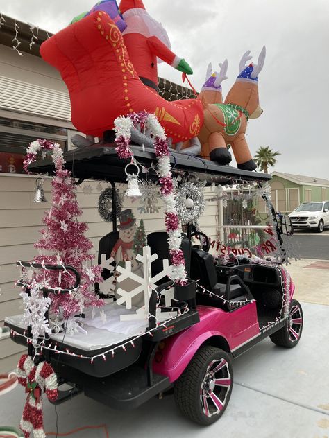 Golf Cart Decorations, Flamingo Christmas, Christmas Decorations Diy Outdoor, Christmas Decorations Rustic, Santa And Reindeer, Golf Cart, Golf Carts, Diy Outdoor, Christmas Decor Diy