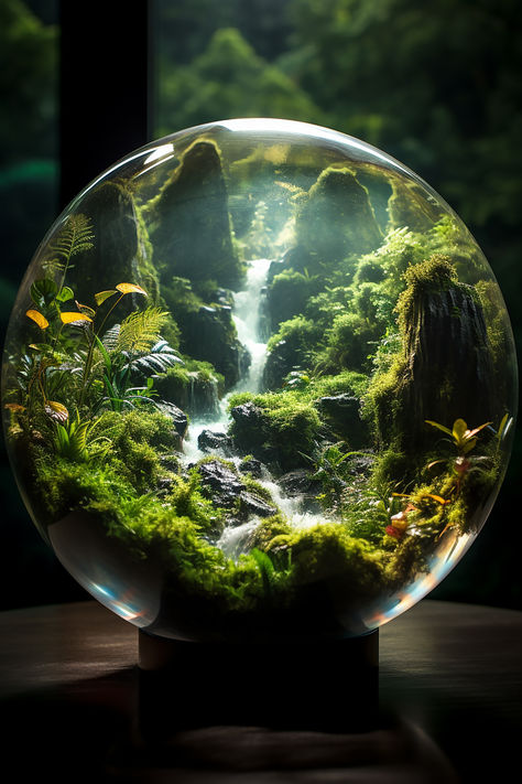 Step into a world of wonder within this mesmerizing artwork – an enchanting jungle encapsulated in a glass sphere. Delight in the lush foliage, towering cliffs, and cascading waterfalls that adorn this miniature ecosystem. Each detail intricately crafted to transport you to a realm of lush greenery and natural splendor. Let this captivating piece ignite your imagination and wanderlust. #GlassSphereArt #EnchantedJungle #MiniatureEcosystem #FantasyLandscape #WaterfallScenery #jungle #glassball Enchanted Jungle, Sphere Art, Water Ball, Waterfall Scenery, Globe Art, Angel Artwork, Water Globes, World Of Wonder, Glass Sphere