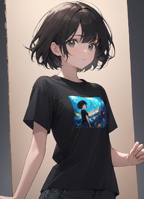 1girl, solo, short dark hair, black t-shirt, dynamic pose Anime Women With Short Hair, Short Brown Hair Anime, Short Burnett Hair, Anime Female Short Hair, Short Anime Hairstyles Female, Anime Short Hair Female, Short Hair Anime Female, Tomboy Anime Female Short Hair, Dark Hair Black