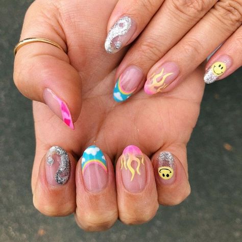 Smiley Face Nails, Wonder Nails, Aurora Nails, 2023 Nails, Hippie Nails, Face Nails, Gelish Nails, Colored Acrylic Nails, Cute Gel Nails