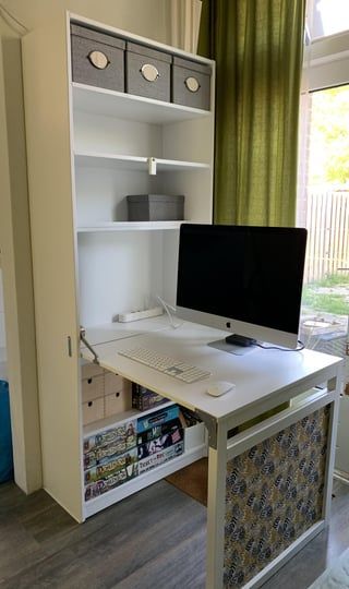 Fold Out Desk Bookshelf, Ivar Folding Table, Hidden Desk In Living Room, Ikea Folding Desk, Hidden Desk Ideas, Fold Up Desk, Ikea Bookshelf, Desk Ikea, Murphy Desk