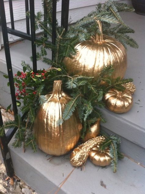 re-purposing halloween pumpkins for christmas Reuse Pumpkins For Christmas, Pumpkins For Christmas Decorations, Upcycle Pumpkins, Pumpkin Christmas Decor, Christmas Pumpkins Decoration Ideas, Christmas Pumpkins Painted, Decorating Pumpkins, Elegant Decorations, Christmas Pumpkins