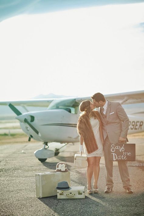 Most Creative Themed Engagement Photos ❤ See more: http://www.weddingforward.com/themed-engagement-photos/ #weddings Aviation Wedding Theme, Airport Wedding, Hangar Wedding, Safe The Date, Aviation Wedding, Themed Engagement Photos, Aviation Theme, Travel Theme Wedding, Engagement Poses