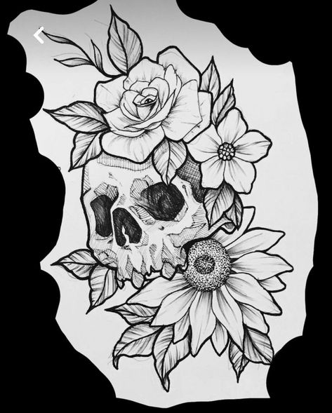 Skull And Sunflower Tattoos For Women, Skull Sunflower Drawing, Traditional Skull And Flower Tattoo, Skull With Sunflowers Tattoo, Sunflower And Skull Tattoo, Skull And Sunflower Tattoo, Skull And Flowers Tattoo Design, Dia De Los Muertos Tattoo Ideas, A Letter Tattoo