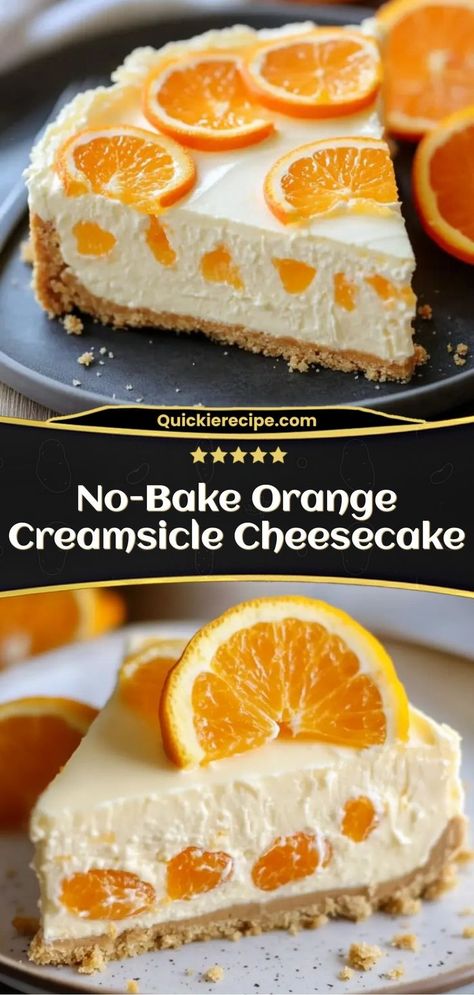 This No-Bake Orange Creamsicle Cheesecake is creamy, citrusy, and full of refreshing flavor. It’s the perfect dessert for warm days or when you need something quick and simple. Ingredients: 1 cup orange juice concentrate 1 cup cream cheese, softened 1 cup whipped cream 1 graham cracker crust A bright and creamy dessert with a nostalgic creamsicle flavor No Bake Summer Orange Creamsicle Cheesecake, Orange Creamsicle Cheesecake Bars, Creamsicle Dessert Recipes, Desserts With Mandarin Oranges, No Bake Orange Creamsicle Cheesecake, Orange Flavored Desserts, Easy No Bake Cheesecake 4 Ingredients, Desserts With Oranges, Jello Cheesecake Recipes