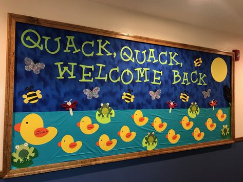 Quack Quack Welcome Back bulletin board made with Cricut Cricut Preschool, Welcome Back Bulletin Boards, August Bulletin Boards, Daycare Bulletin Boards, Toddler Bulletin Boards, September Bulletin Boards, Welcome Bulletin Boards, Kindergarten Bulletin Boards, Bulletin Boards Theme