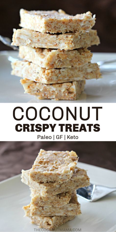 These no-bake coconut crispy treats are a healthy snack for both kids and adults and are made with shredded coconut, coconut oil, maple syrup, and sea salt. Healthy Coconut Syrup, Keto Coconut Flake Recipes, Paleo Coconut Desserts, Coconut Meal Recipes, Keto Shredded Coconut Recipes, Healthy Paleo Snacks On The Go, Coconut Shreds Recipes, Paleo Rice Crispy Treats, Unsweetened Shredded Coconut Recipes