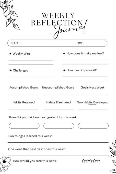 Weekly Reflection Journal Weekly Review Print Weekly Review Questions, Weekly Recap Journal, Week Reflection Journal, Weekly Reflection Journal, Recovery Activities, Reflective Journaling, Book Vibe, Psychology Tools, Writing Challenges