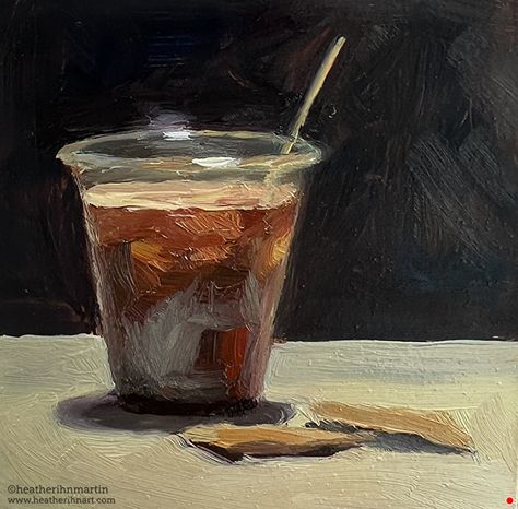 Iced Coffee by Heather Martin, Oil, 3 x 3 x .75 Still Life Coffee Painting, Heather Martin, Iced Coffee Aesthetic, Painting Studies, Coffee Bean Art, Paint Inspo, Coffee Painting, Oil Pastel Art, Instagram Photo Ideas Posts